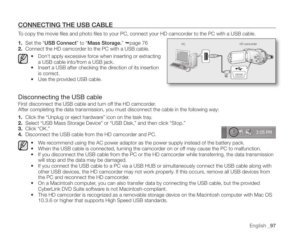 Connecting the usb cable, Disconnecting the usb cable | Samsung SC-HMX20C-XAA User Manual | Page 109 / 135