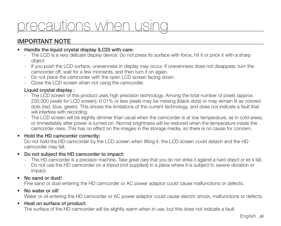 Precautions when using, Important note | Samsung SC-HMX20C-XAA User Manual | Page 11 / 135