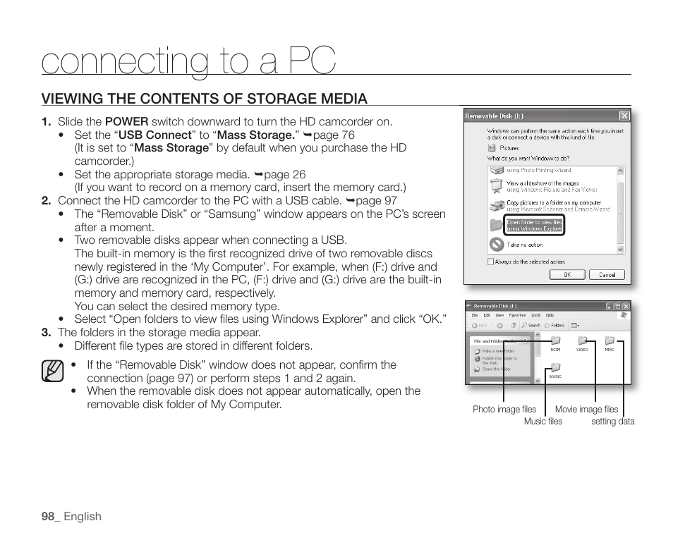 Viewing the contents of storage media, Connecting to a pc | Samsung SC-HMX20C-XAA User Manual | Page 110 / 135