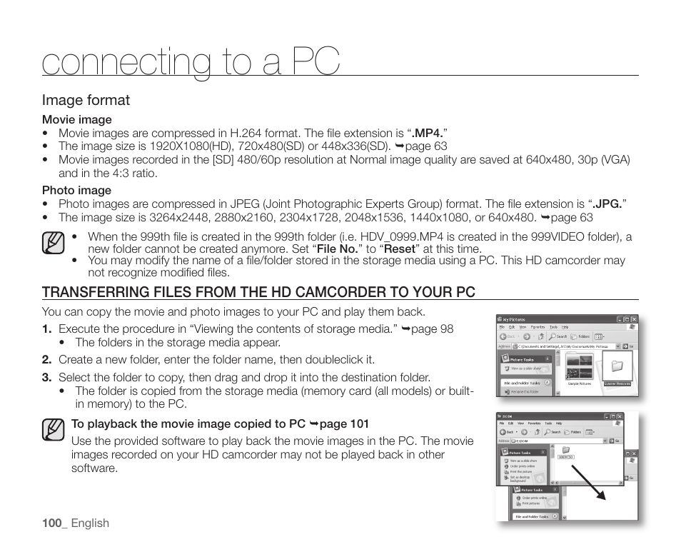 Connecting to a pc | Samsung SC-HMX20C-XAA User Manual | Page 112 / 135