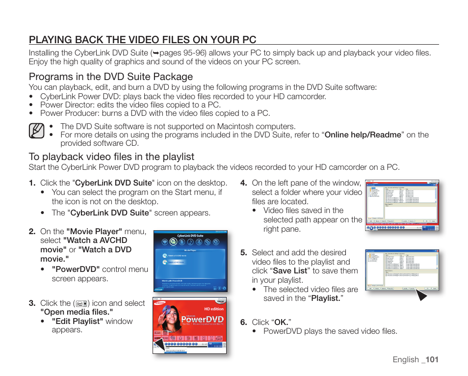 Playing back the video files on your pc, Programs in the dvd suite package | Samsung SC-HMX20C-XAA User Manual | Page 113 / 135