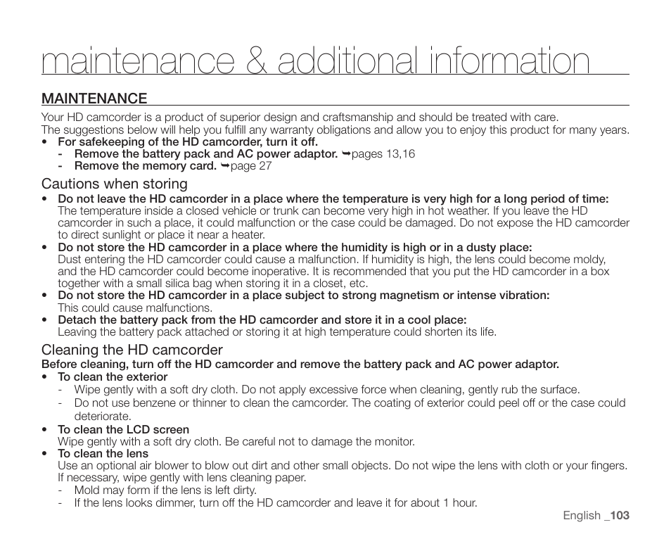 Maintenance & additional information, Maintenance | Samsung SC-HMX20C-XAA User Manual | Page 115 / 135