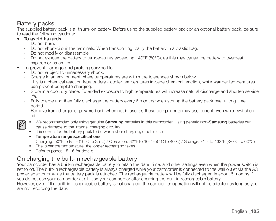 Battery packs, On charging the built-in rechargeable battery | Samsung SC-HMX20C-XAA User Manual | Page 117 / 135