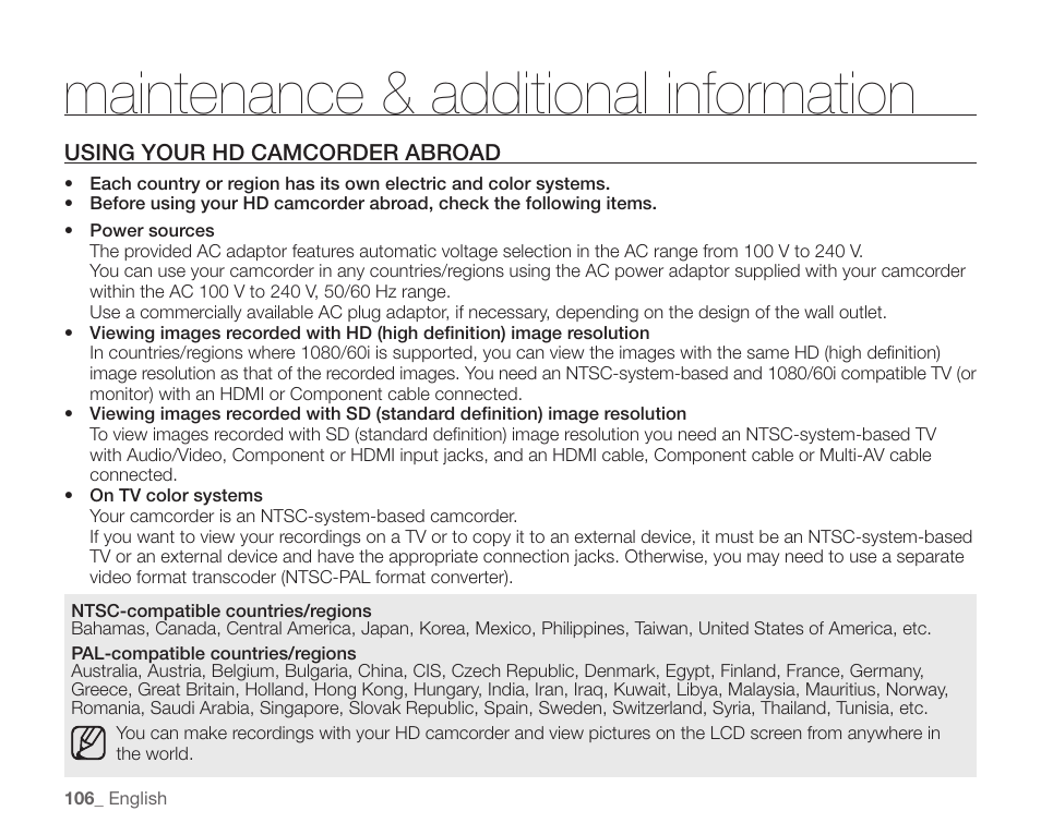 Using your hd camcorder abroad, Maintenance & additional information | Samsung SC-HMX20C-XAA User Manual | Page 118 / 135