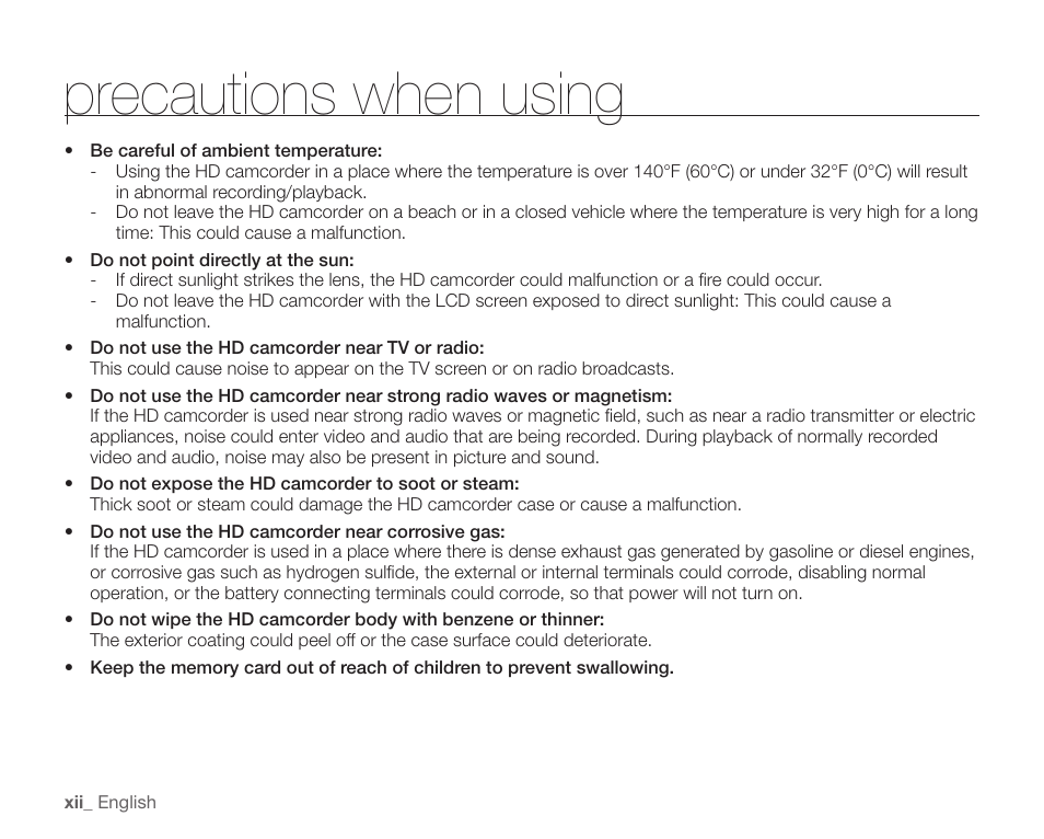 Precautions when using | Samsung SC-HMX20C-XAA User Manual | Page 12 / 135