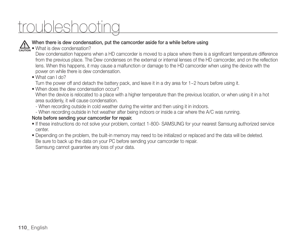 Troubleshooting | Samsung SC-HMX20C-XAA User Manual | Page 122 / 135