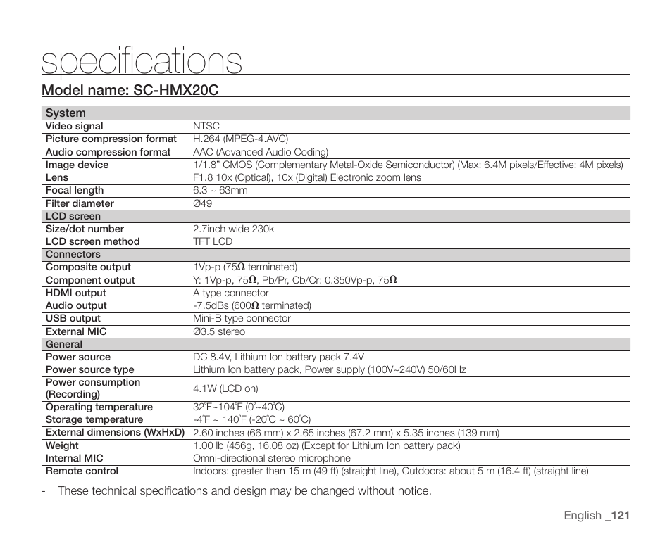 Specifications, Model name: sc-hmx20c | Samsung SC-HMX20C-XAA User Manual | Page 133 / 135