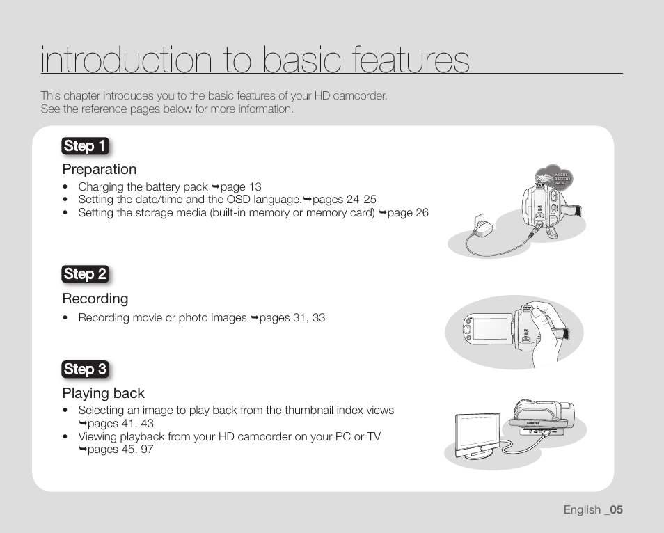 Introduction to basic features | Samsung SC-HMX20C-XAA User Manual | Page 17 / 135