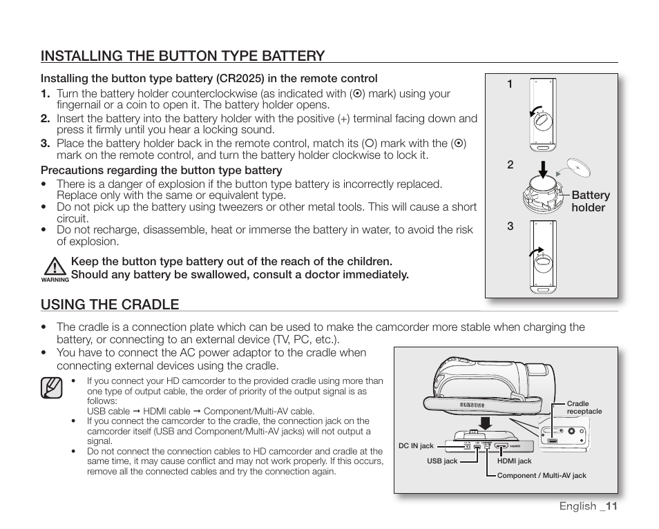 Installing the button type battery, Using the cradle | Samsung SC-HMX20C-XAA User Manual | Page 23 / 135