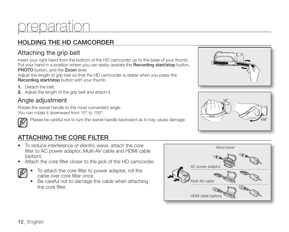 Holding the hd camcorder, Attaching the core filter, Preparation | Samsung SC-HMX20C-XAA User Manual | Page 24 / 135