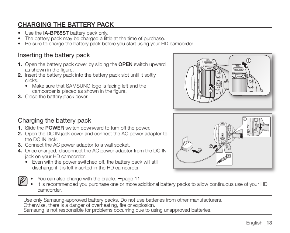 Charging the battery pack, Inserting the battery pack | Samsung SC-HMX20C-XAA User Manual | Page 25 / 135