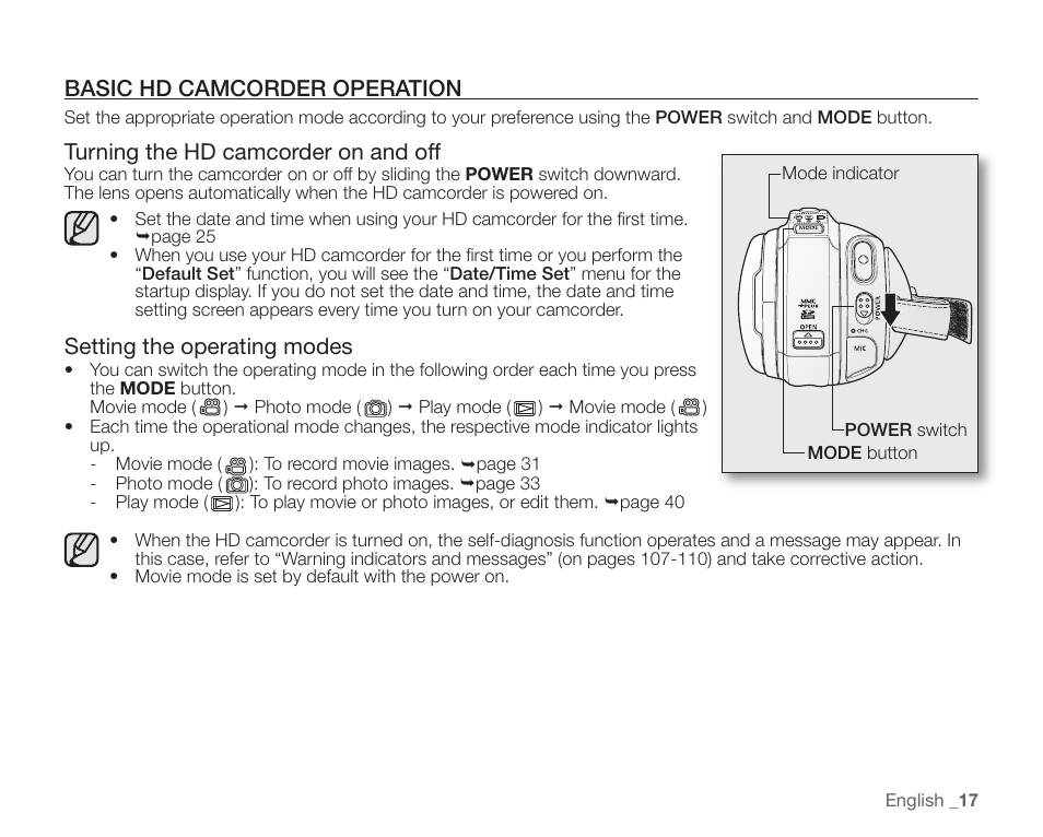 Basic hd camcorder operation, Turning the hd camcorder on and off, Setting the operating modes | Samsung SC-HMX20C-XAA User Manual | Page 29 / 135