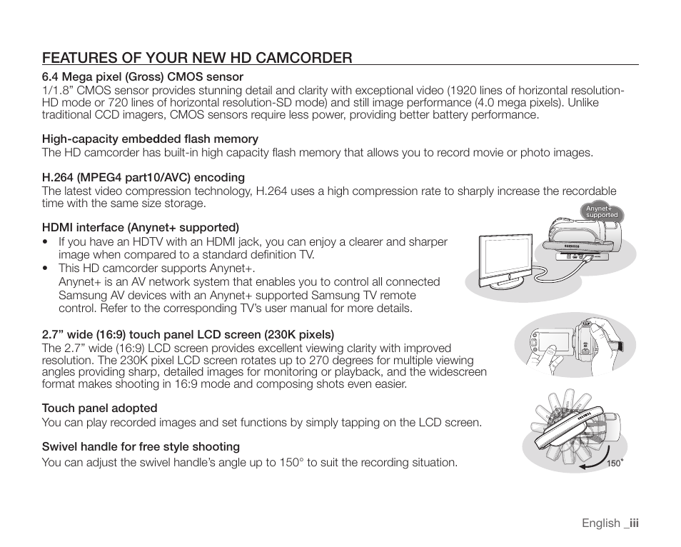 Features of your new hd camcorder | Samsung SC-HMX20C-XAA User Manual | Page 3 / 135