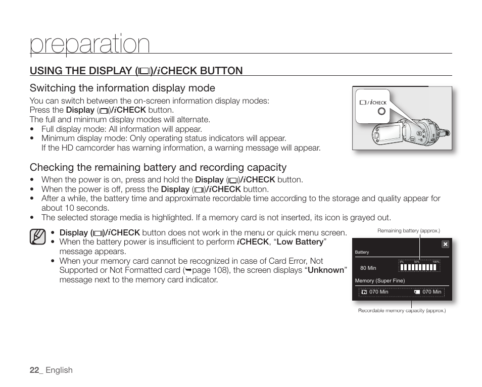 Using the display ( )/icheck button, Preparation | Samsung SC-HMX20C-XAA User Manual | Page 34 / 135