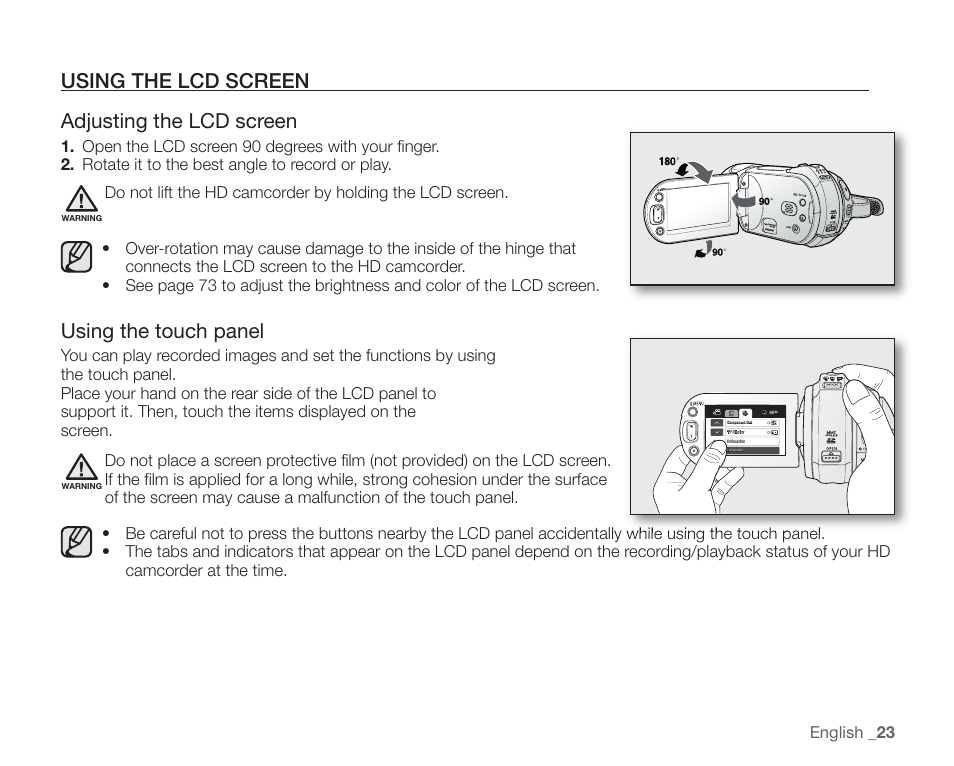 Using the lcd screen, Using the lcd screen adjusting the lcd screen, Using the touch panel | Samsung SC-HMX20C-XAA User Manual | Page 35 / 135