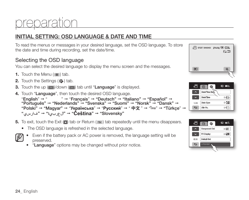 Initial setting: osd language & date and time, Preparation, Selecting the osd language | Čeština | Samsung SC-HMX20C-XAA User Manual | Page 36 / 135