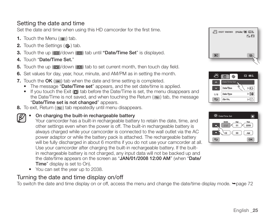 Setting the date and time, Turning the date and time display on/off, English _ 25 | Samsung SC-HMX20C-XAA User Manual | Page 37 / 135