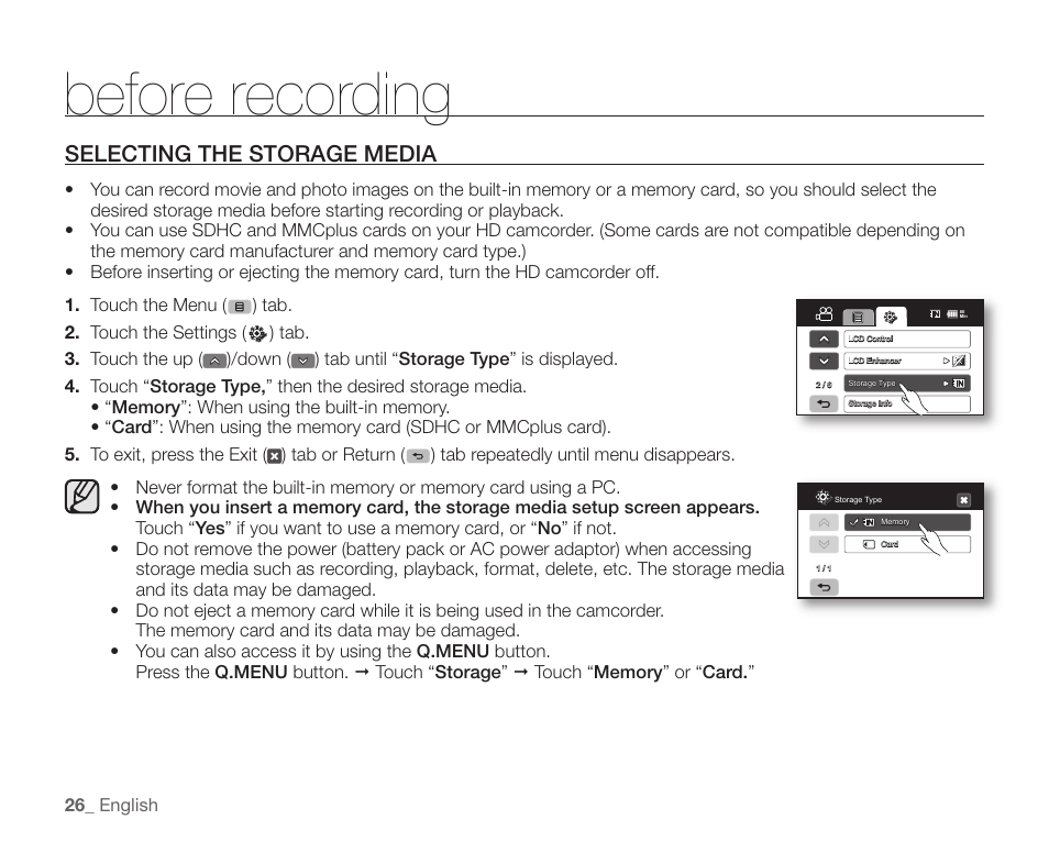 Before recording, Selecting the storage media | Samsung SC-HMX20C-XAA User Manual | Page 38 / 135