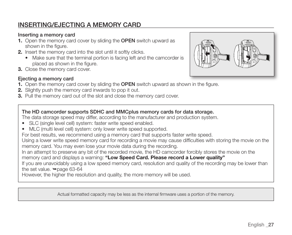 Inserting/ejecting a memory card | Samsung SC-HMX20C-XAA User Manual | Page 39 / 135