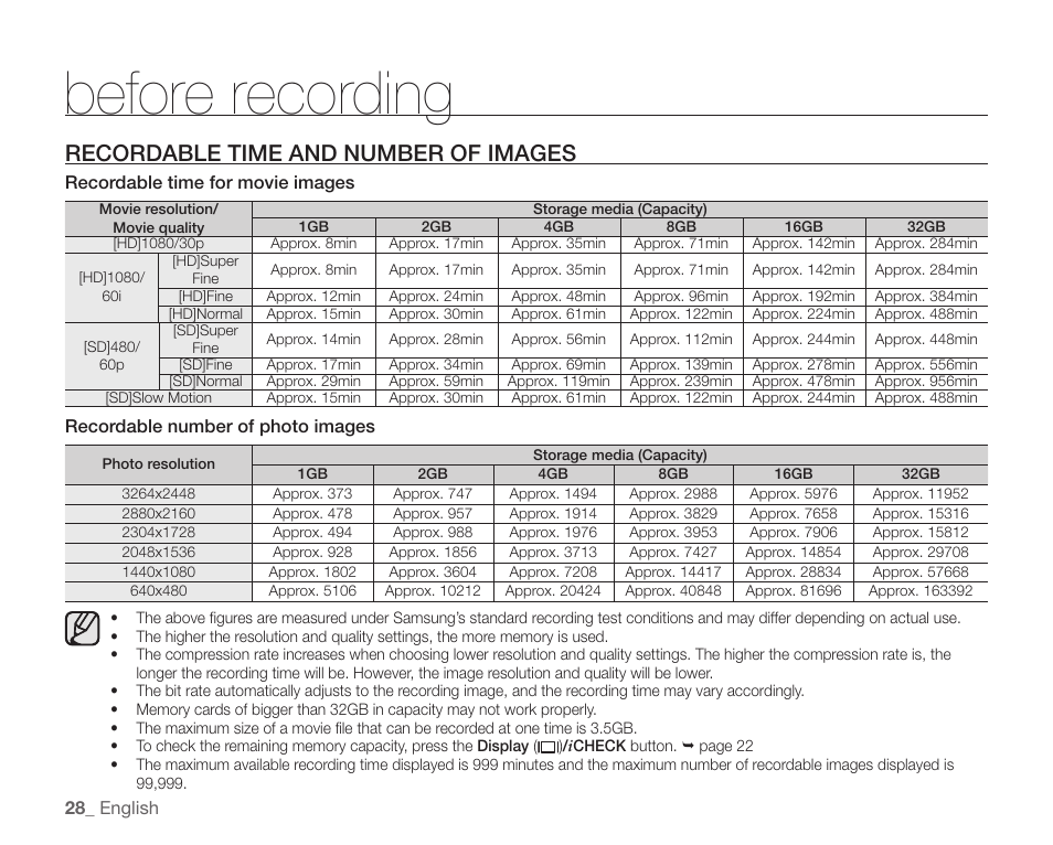 Recordable time and number of images, Before recording | Samsung SC-HMX20C-XAA User Manual | Page 40 / 135