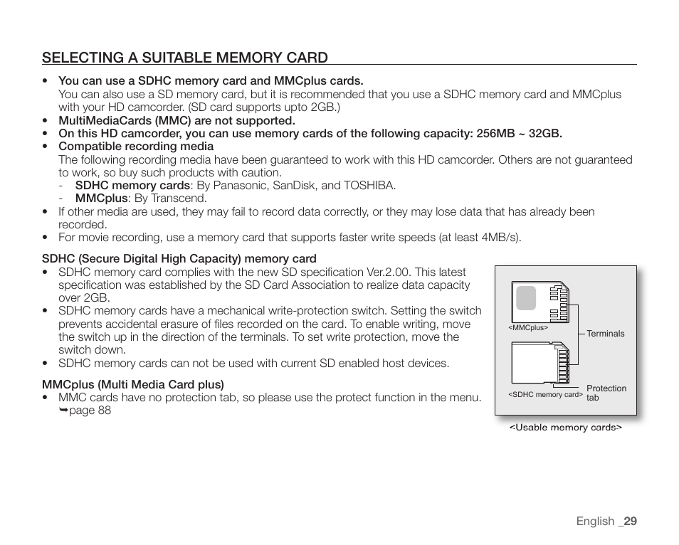 Selecting a suitable memory card | Samsung SC-HMX20C-XAA User Manual | Page 41 / 135