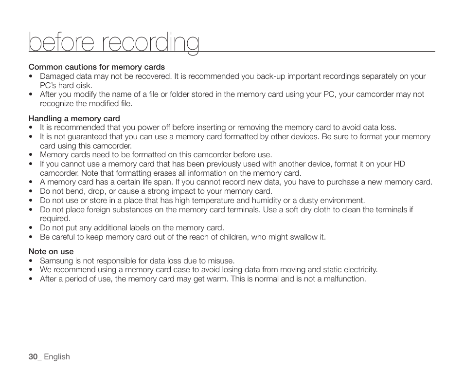 Before recording | Samsung SC-HMX20C-XAA User Manual | Page 42 / 135