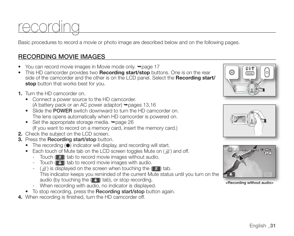 Recording, Recording movie images | Samsung SC-HMX20C-XAA User Manual | Page 43 / 135