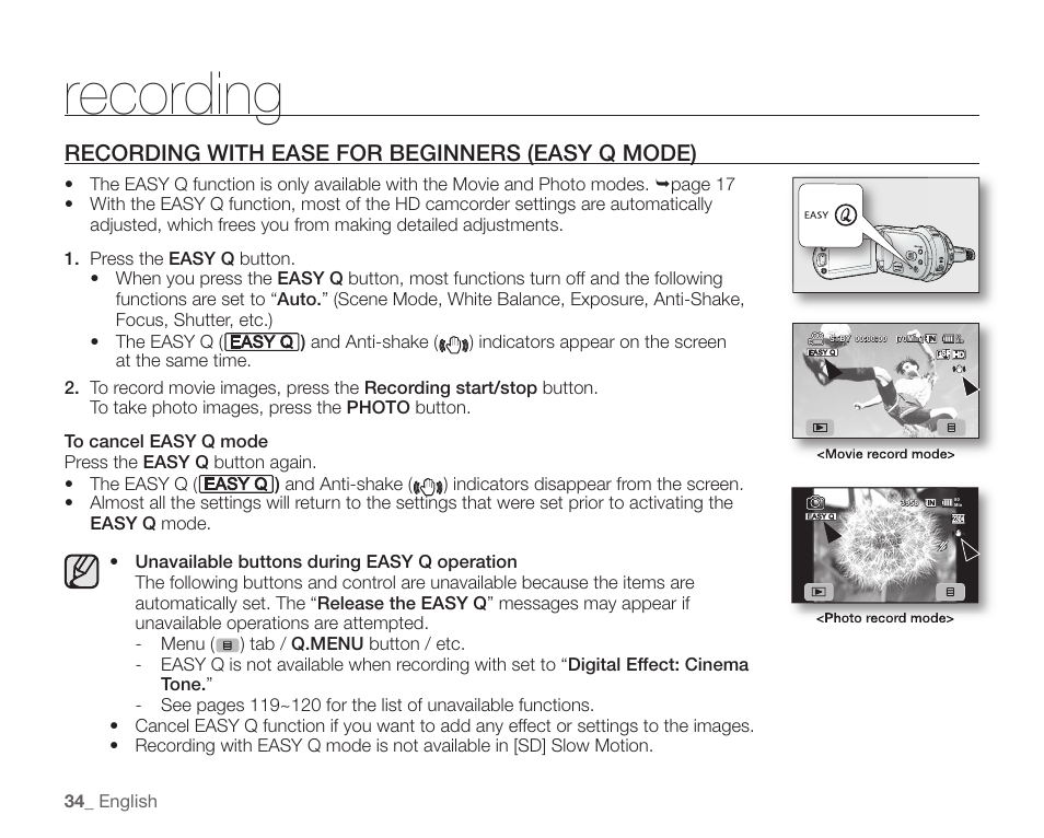 Recording with ease for beginners (easy q mode), Recording | Samsung SC-HMX20C-XAA User Manual | Page 46 / 135