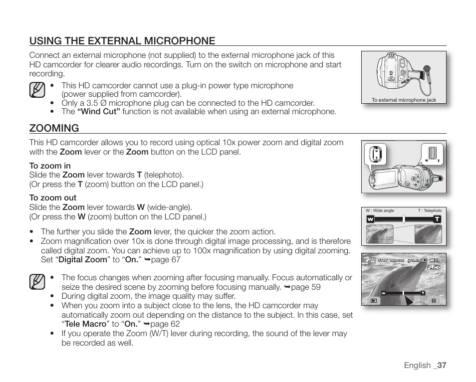 Using the external microphone, Zooming | Samsung SC-HMX20C-XAA User Manual | Page 49 / 135