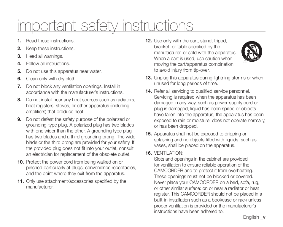 Important safety instructions | Samsung SC-HMX20C-XAA User Manual | Page 5 / 135