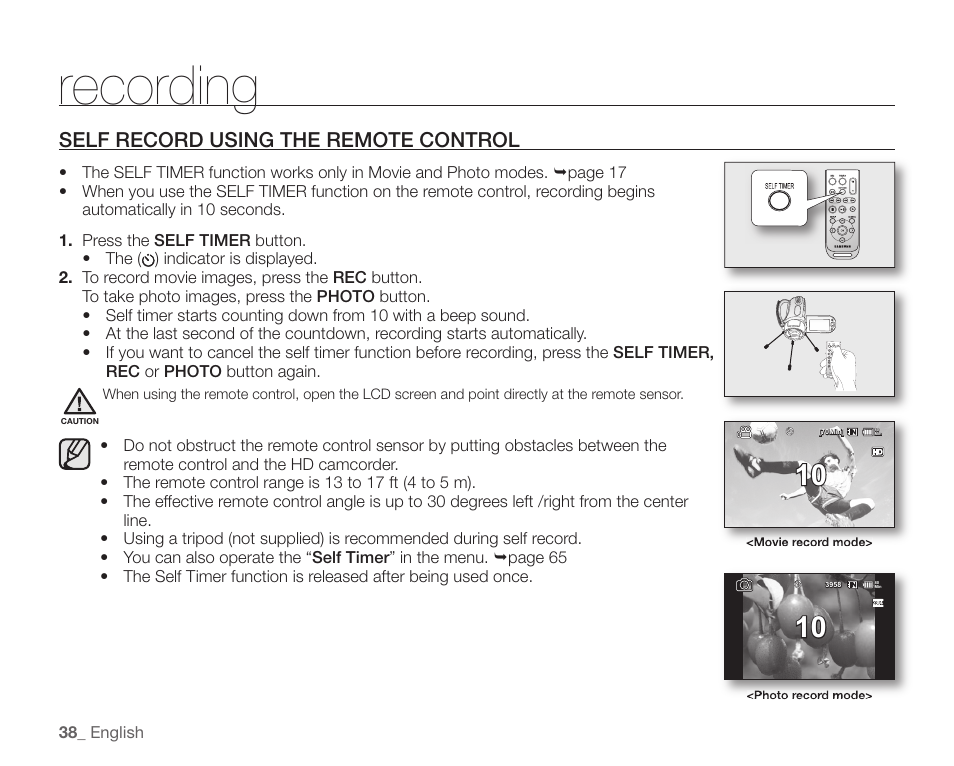 Self record using the remote control, Recording | Samsung SC-HMX20C-XAA User Manual | Page 50 / 135