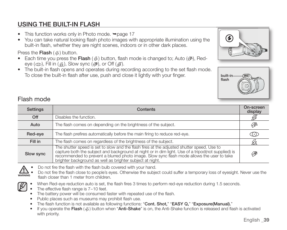 Using the built-in flash, Flash mode | Samsung SC-HMX20C-XAA User Manual | Page 51 / 135