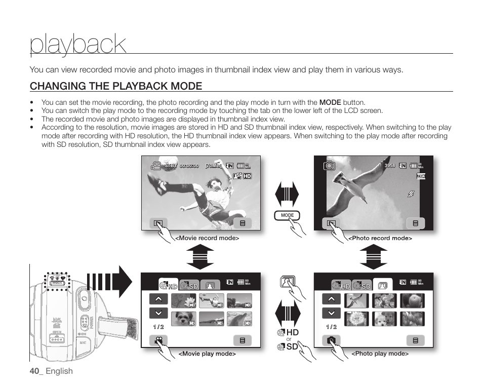 Playback, Changing the playback mode, 40 _ english | Hd sd | Samsung SC-HMX20C-XAA User Manual | Page 52 / 135