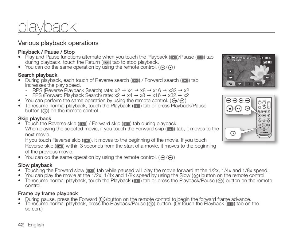 Playback, Various playback operations | Samsung SC-HMX20C-XAA User Manual | Page 54 / 135