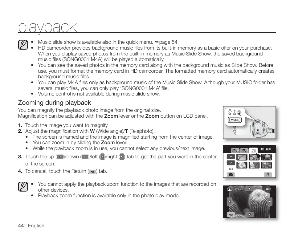 Playback, Zooming during playback | Samsung SC-HMX20C-XAA User Manual | Page 56 / 135