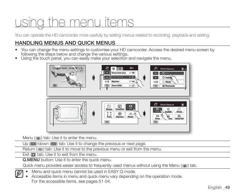 Using the menu items, Handling menus and quick menus, English _ 49 | Samsung SC-HMX20C-XAA User Manual | Page 61 / 135