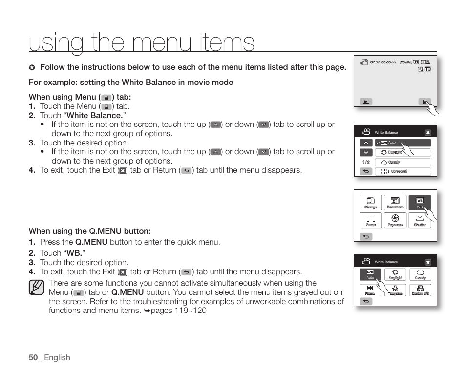 Using the menu items | Samsung SC-HMX20C-XAA User Manual | Page 62 / 135