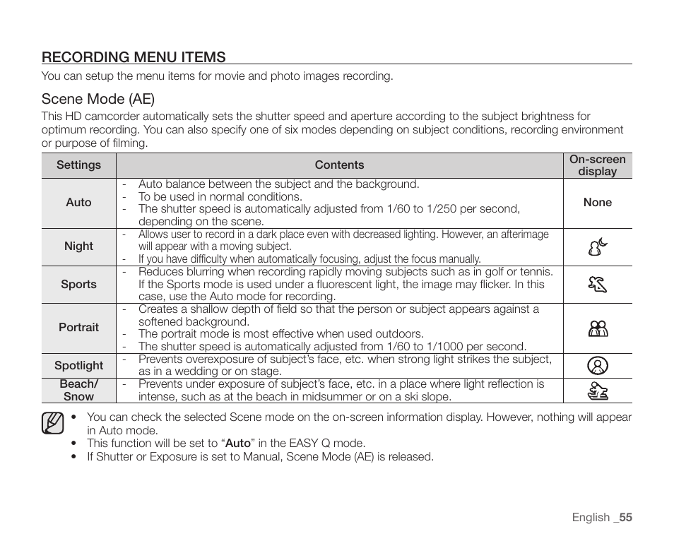 Recording menu items, Scene mode (ae) | Samsung SC-HMX20C-XAA User Manual | Page 67 / 135