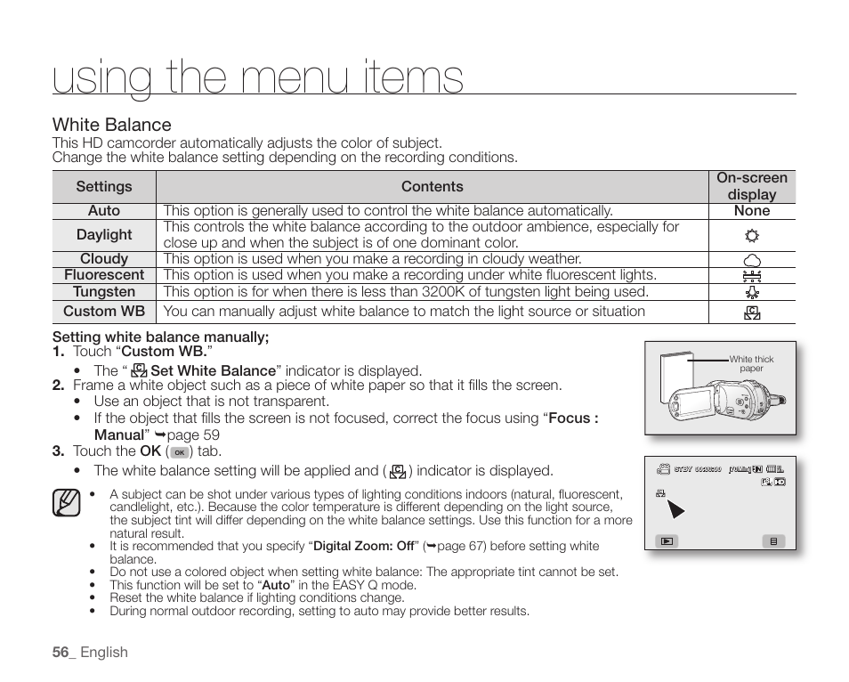 Using the menu items, White balance | Samsung SC-HMX20C-XAA User Manual | Page 68 / 135