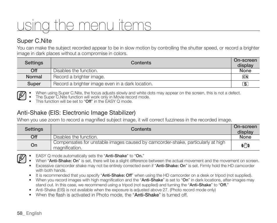 Using the menu items | Samsung SC-HMX20C-XAA User Manual | Page 70 / 135