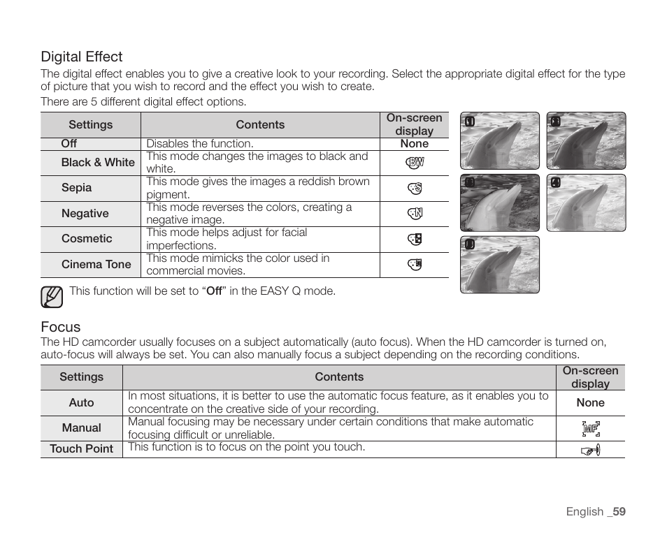 Digital effect, Focus | Samsung SC-HMX20C-XAA User Manual | Page 71 / 135