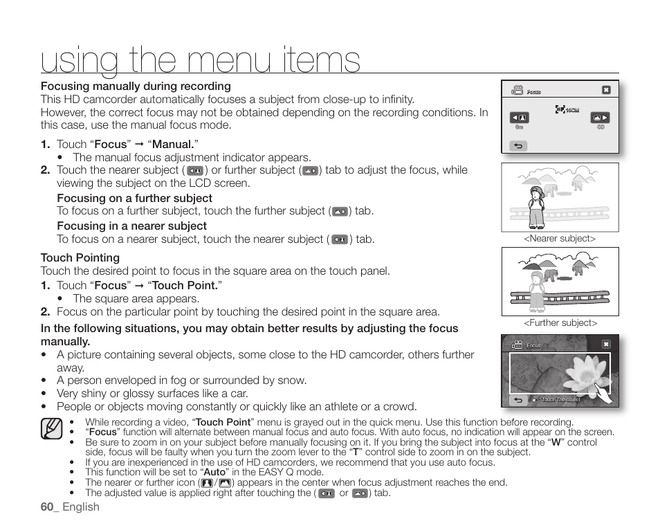 Using the menu items | Samsung SC-HMX20C-XAA User Manual | Page 72 / 135