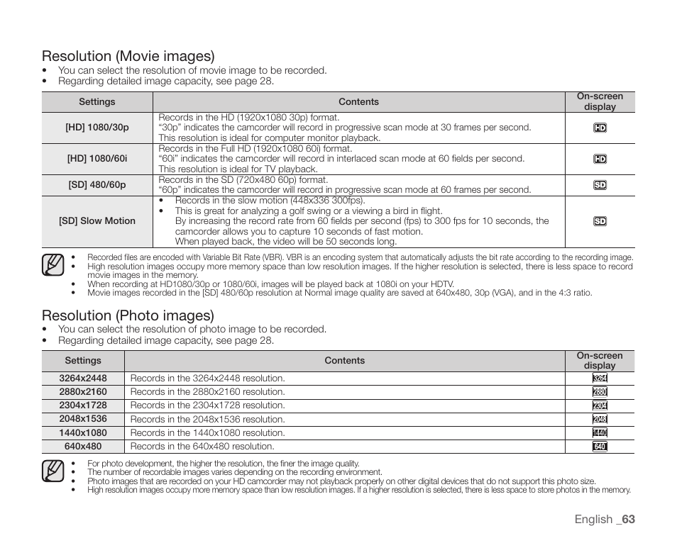 Resolution (movie images), Resolution (photo images) | Samsung SC-HMX20C-XAA User Manual | Page 75 / 135