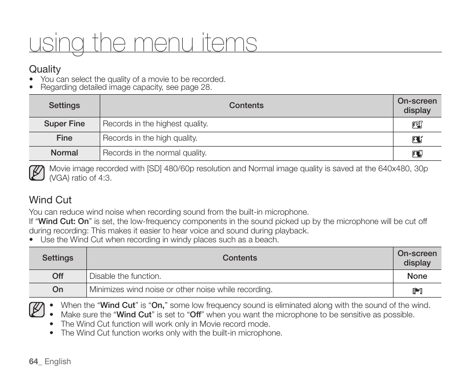 Using the menu items | Samsung SC-HMX20C-XAA User Manual | Page 76 / 135