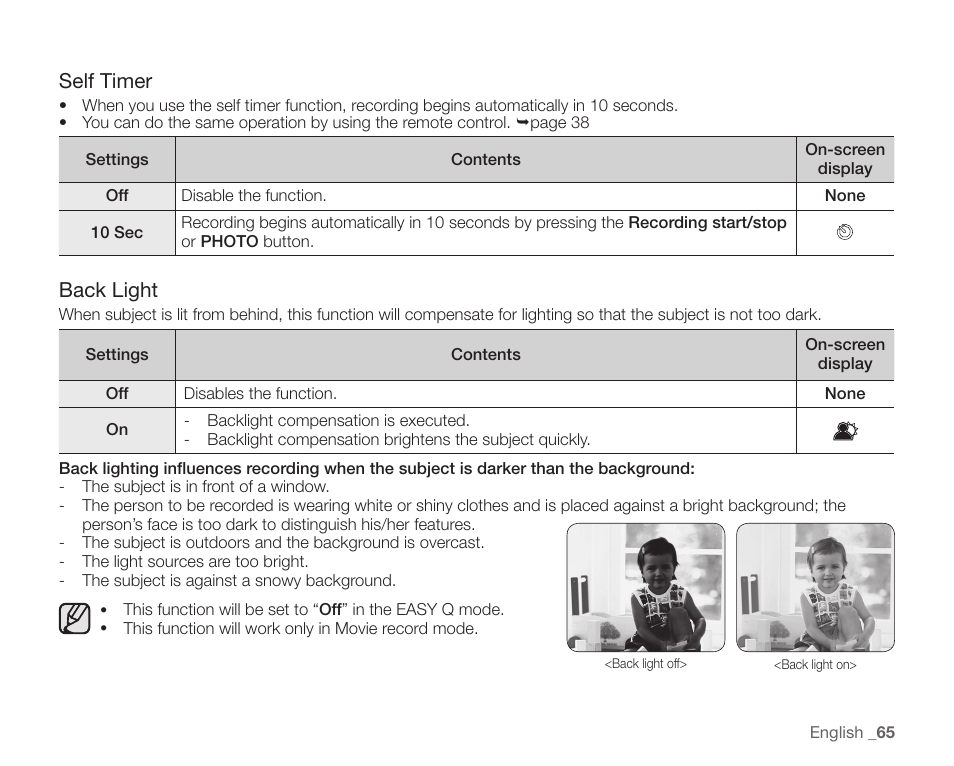 Self timer, Back light | Samsung SC-HMX20C-XAA User Manual | Page 77 / 135