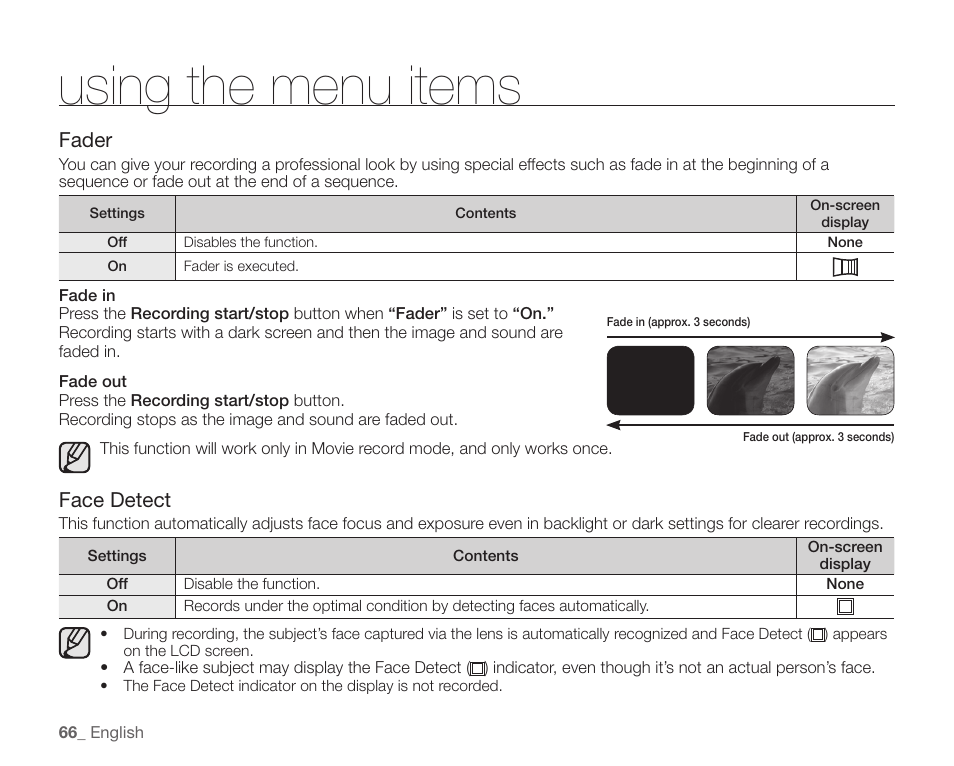 Using the menu items, Fader, Face detect | Samsung SC-HMX20C-XAA User Manual | Page 78 / 135