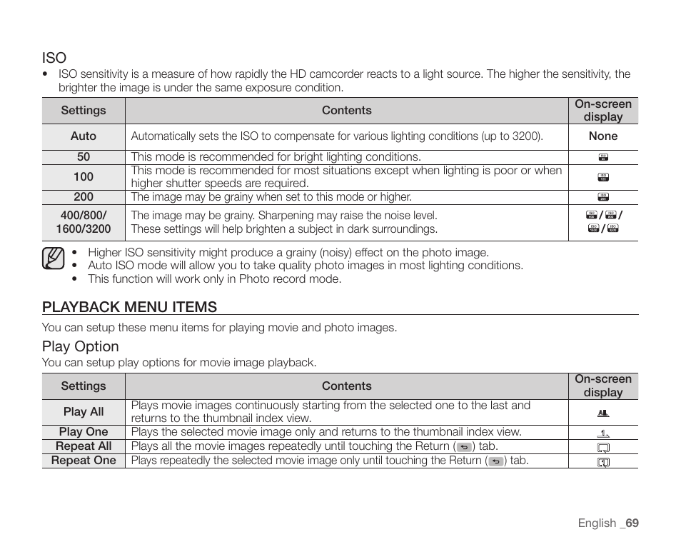 Playback menu items, Play option | Samsung SC-HMX20C-XAA User Manual | Page 81 / 135