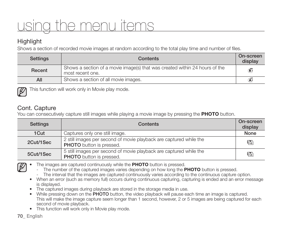 Using the menu items | Samsung SC-HMX20C-XAA User Manual | Page 82 / 135