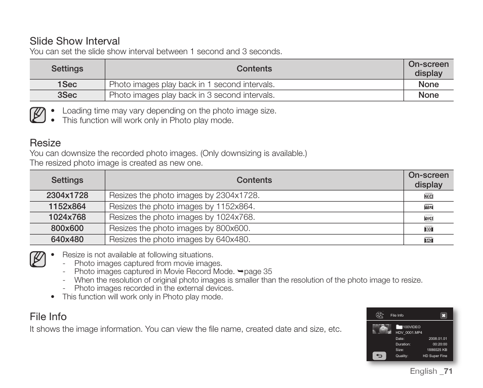 Slide show interval, Resize, File info | Samsung SC-HMX20C-XAA User Manual | Page 83 / 135