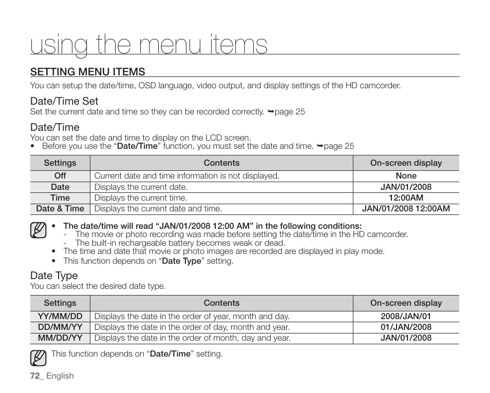 Setting menu items, Using the menu items | Samsung SC-HMX20C-XAA User Manual | Page 84 / 135